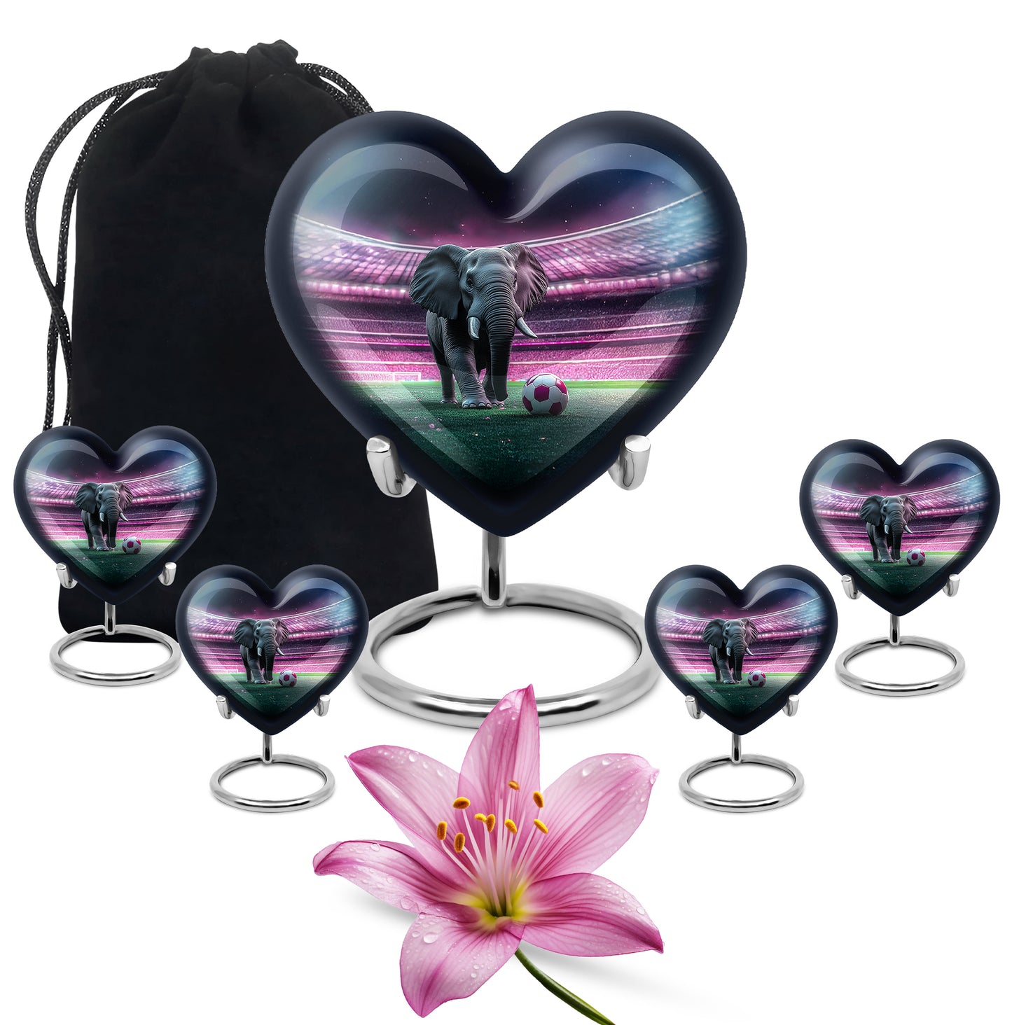 Obsidian Black Elephant Cremation Urn close-up of engraving and surface detail - romantic heart urn with elephant motif on aluminum - memorial set with one large and four small urns