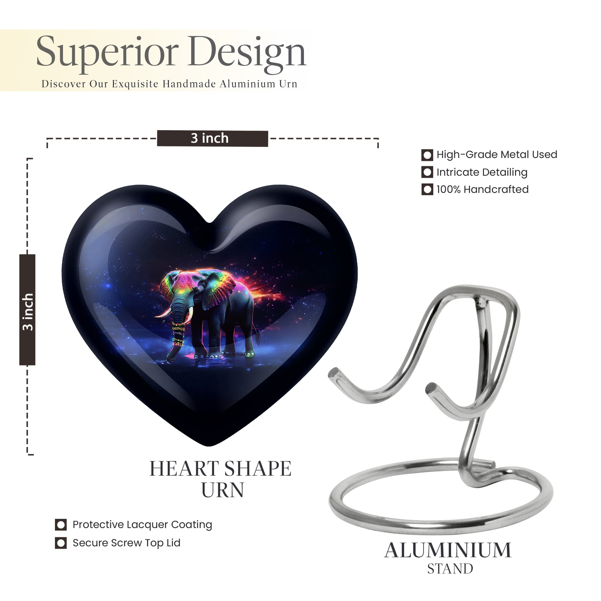 Onyx Black Elephant Cremation Urn front view showing detailed design - romantic heart urn with elephant motif on aluminum - mini keepsake memorial for portion of cremation ashes
