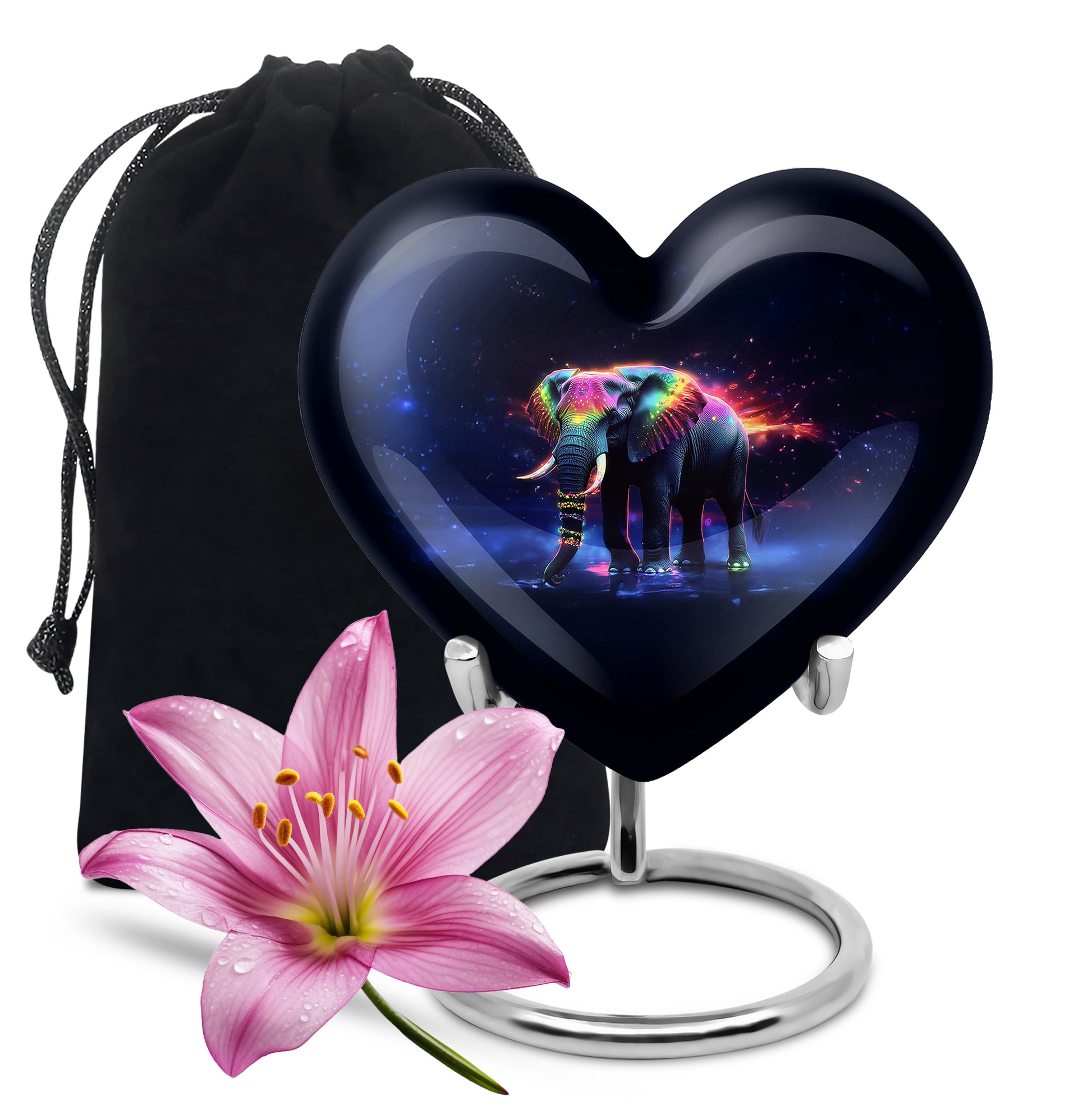 Dark Black Elephant Cremation Urn detail view - compassionate heart-elephant combination with gentle curves - full-size 10 inch 200 cubic inch adult cremation urn