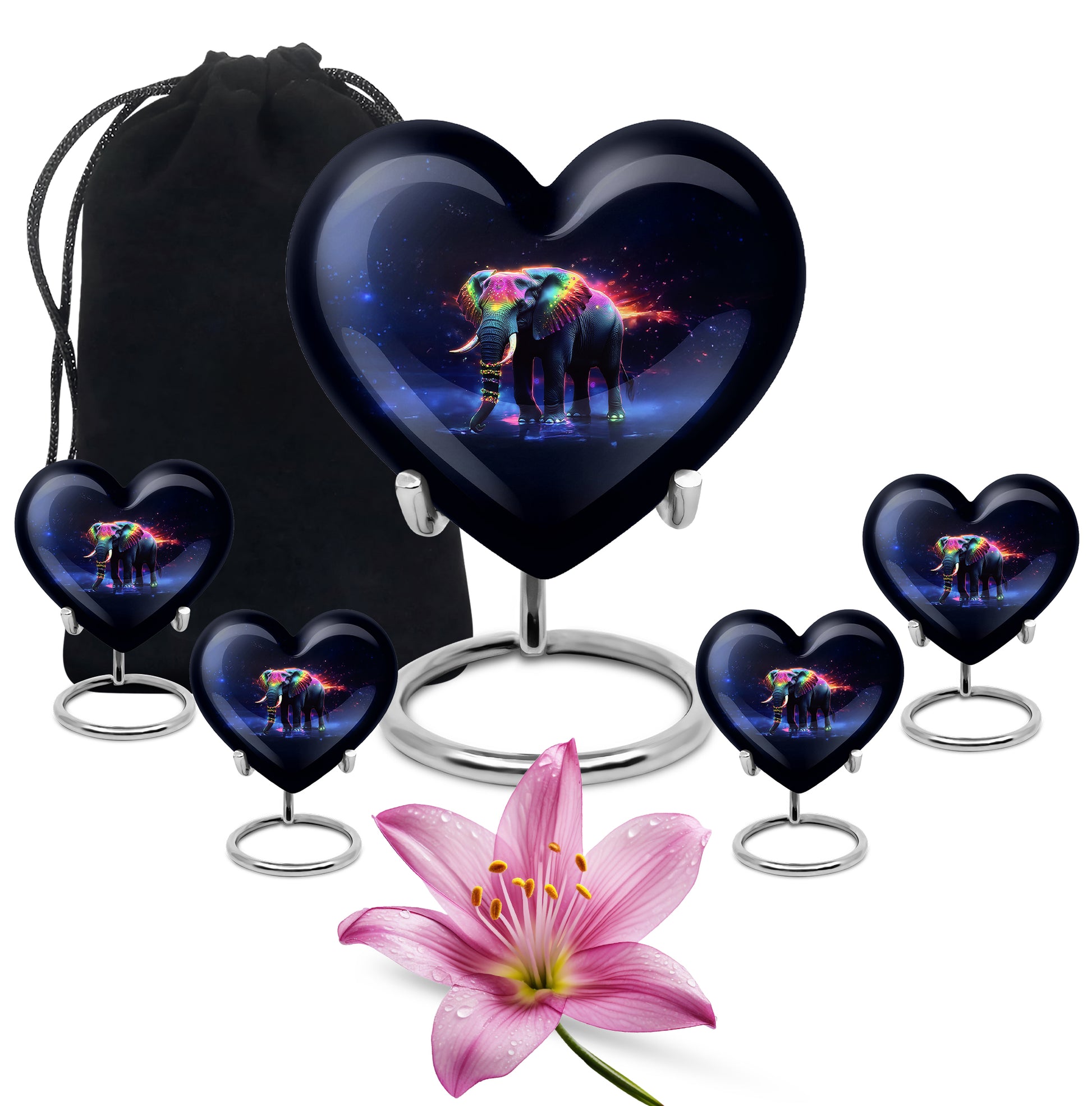 Glossy Black Elephant Cremation Urn close-up of engraving and surface detail - heart-shaped elephant design symbolizing eternal love - memorial set with one large and four small urns