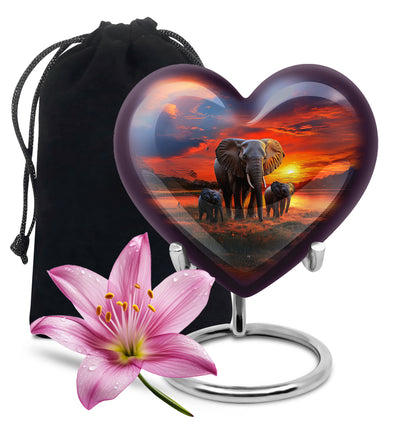 Icy Blue Elephant Cremation Urn detail view - loving heart memorial featuring elephant pattern - full-size 10 inch 200 cubic inch adult cremation urn