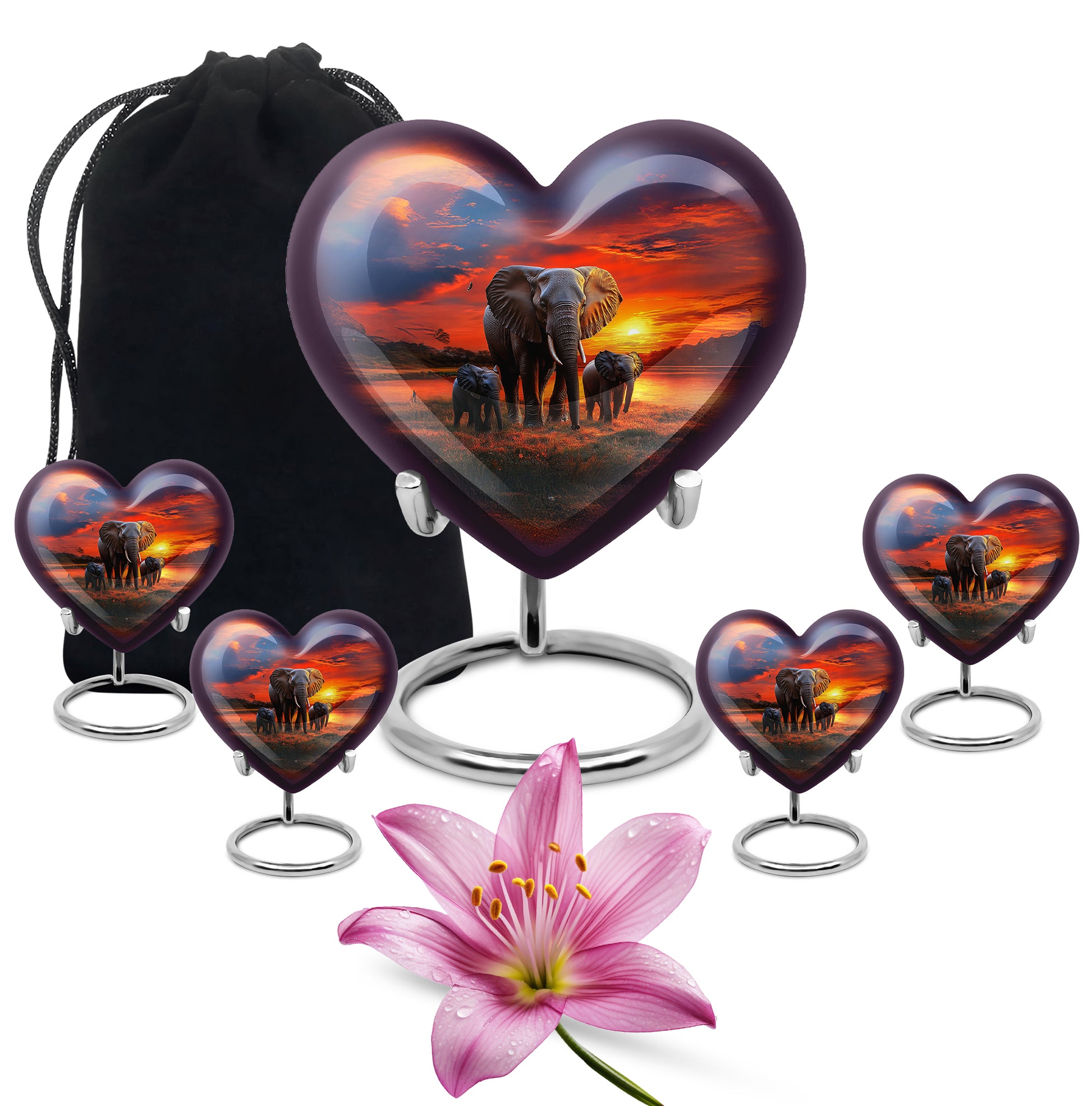 Steel Blue Elephant Cremation Urn close-up of engraving and surface detail - romantic heart urn with elephant motif on aluminum - memorial set with one large and four small urns