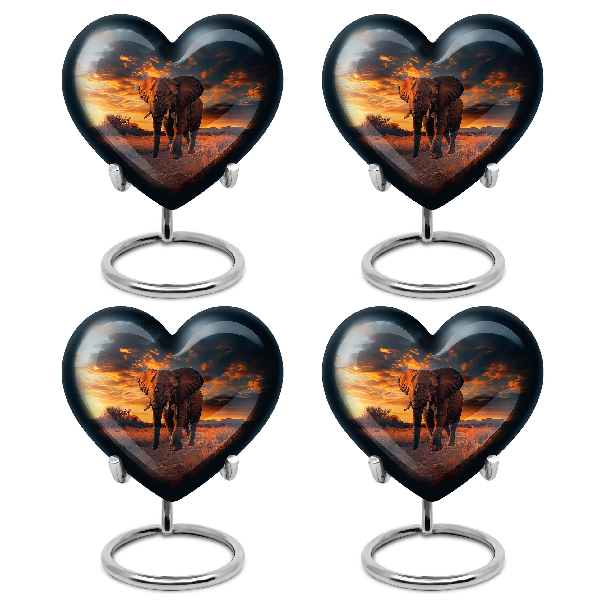 Deep Black Elephant Cremation Urn angled view of lid and engraved motif - loving heart memorial featuring elephant pattern - 10 inch aluminum urn for cremated remains