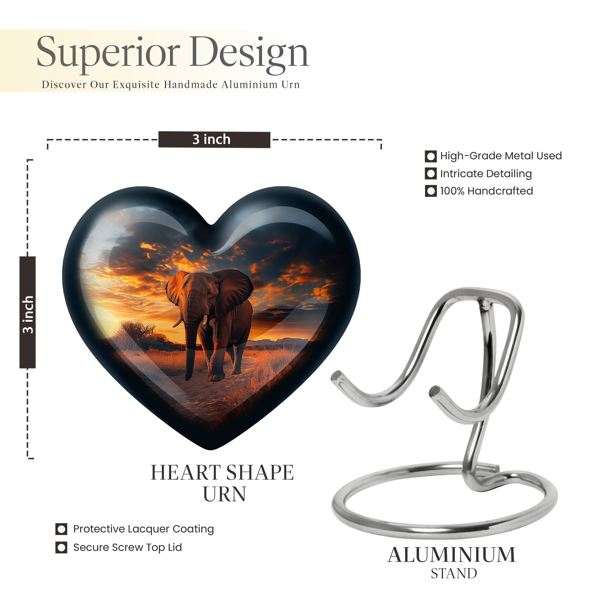 Charcoal Black Elephant Cremation Urn front view showing detailed design - compassionate heart-elephant combination with gentle curves - mini keepsake memorial for portion of cremation ashes