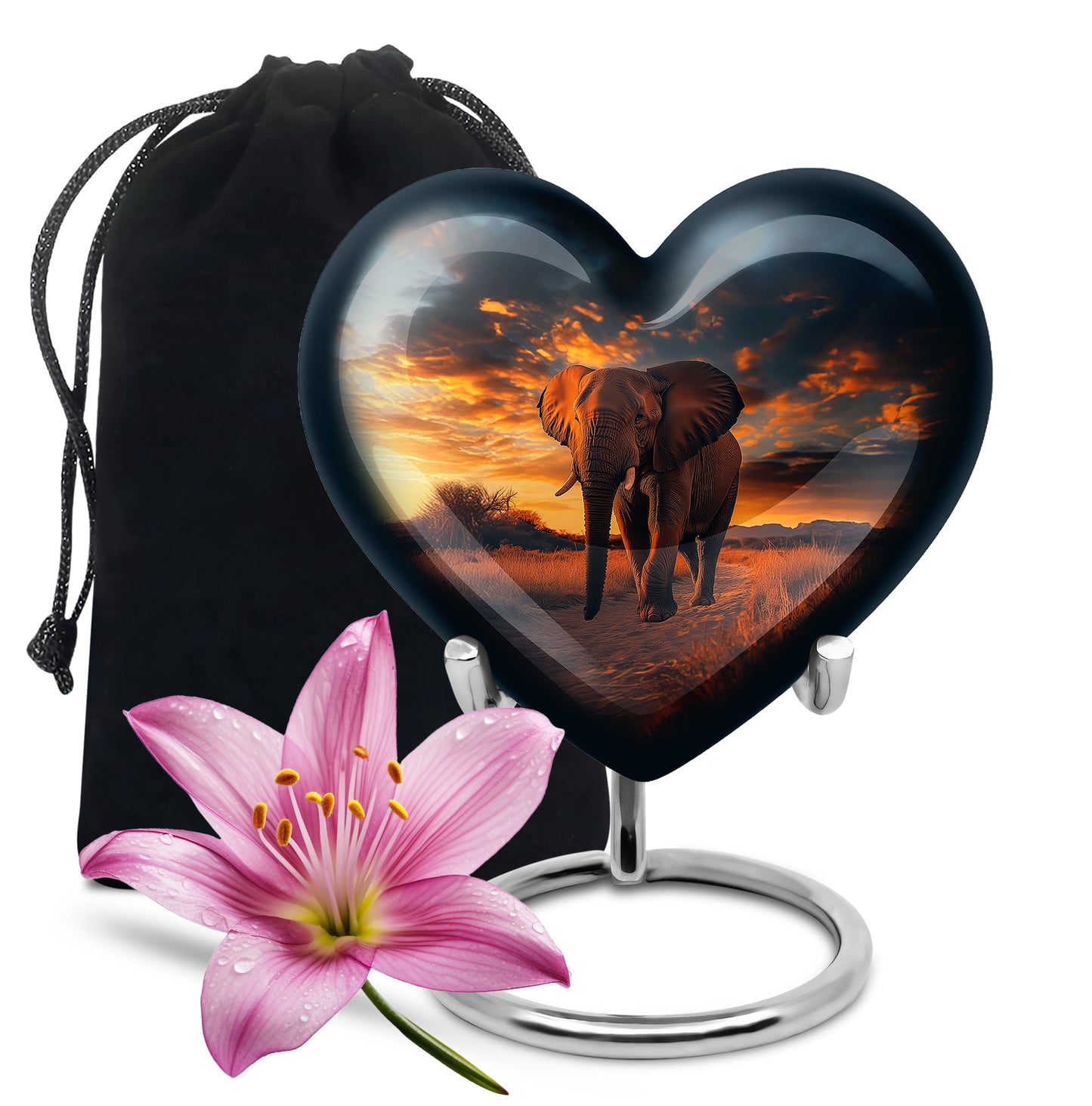 Onyx Black Elephant Cremation Urn detail view - compassionate heart-elephant combination with gentle curves - full-size 10 inch 200 cubic inch adult cremation urn