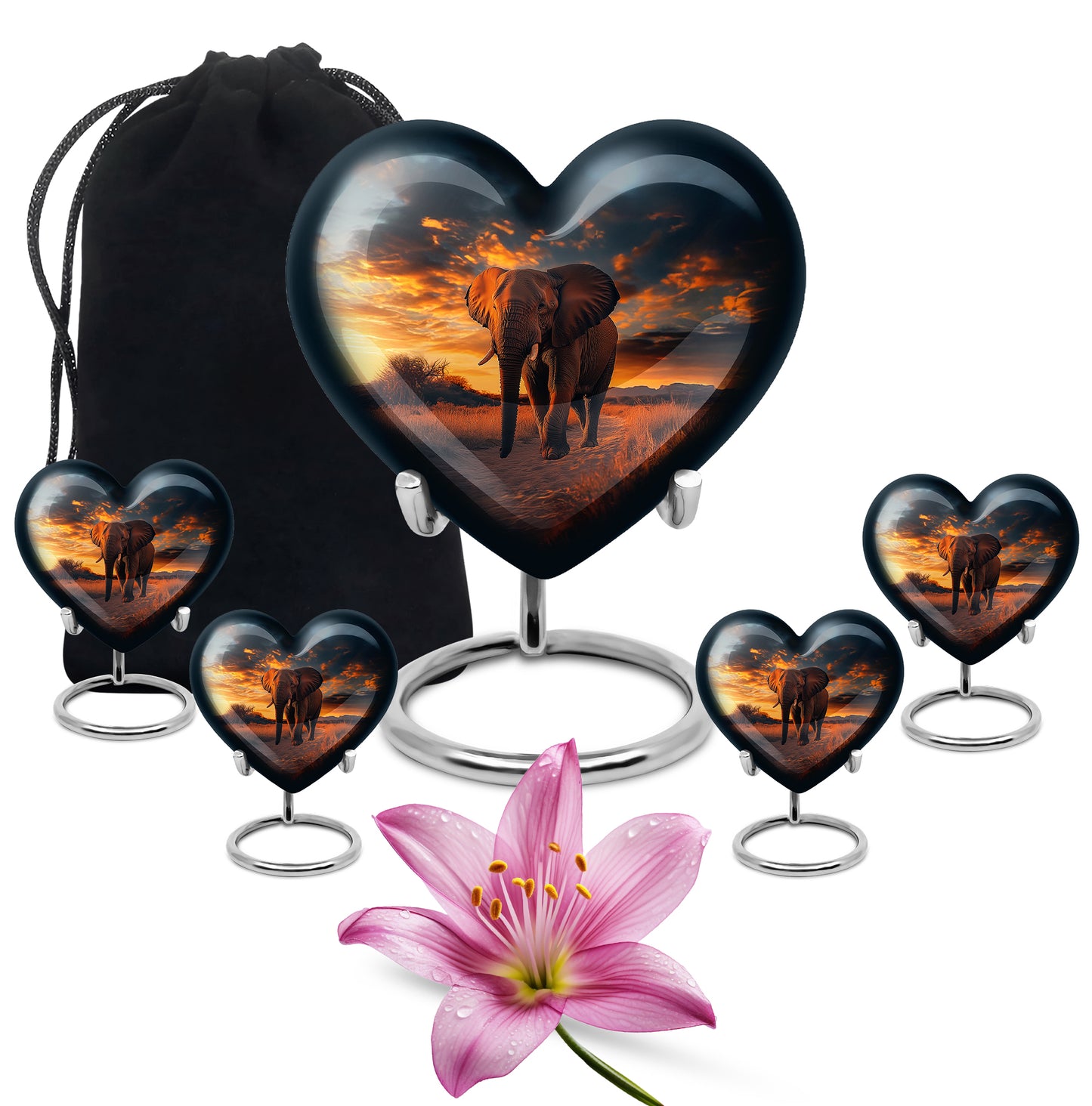 Deep Black Elephant Cremation Urn close-up of engraving and surface detail - heart-shaped elephant design symbolizing eternal love - memorial set with one large and four small urns