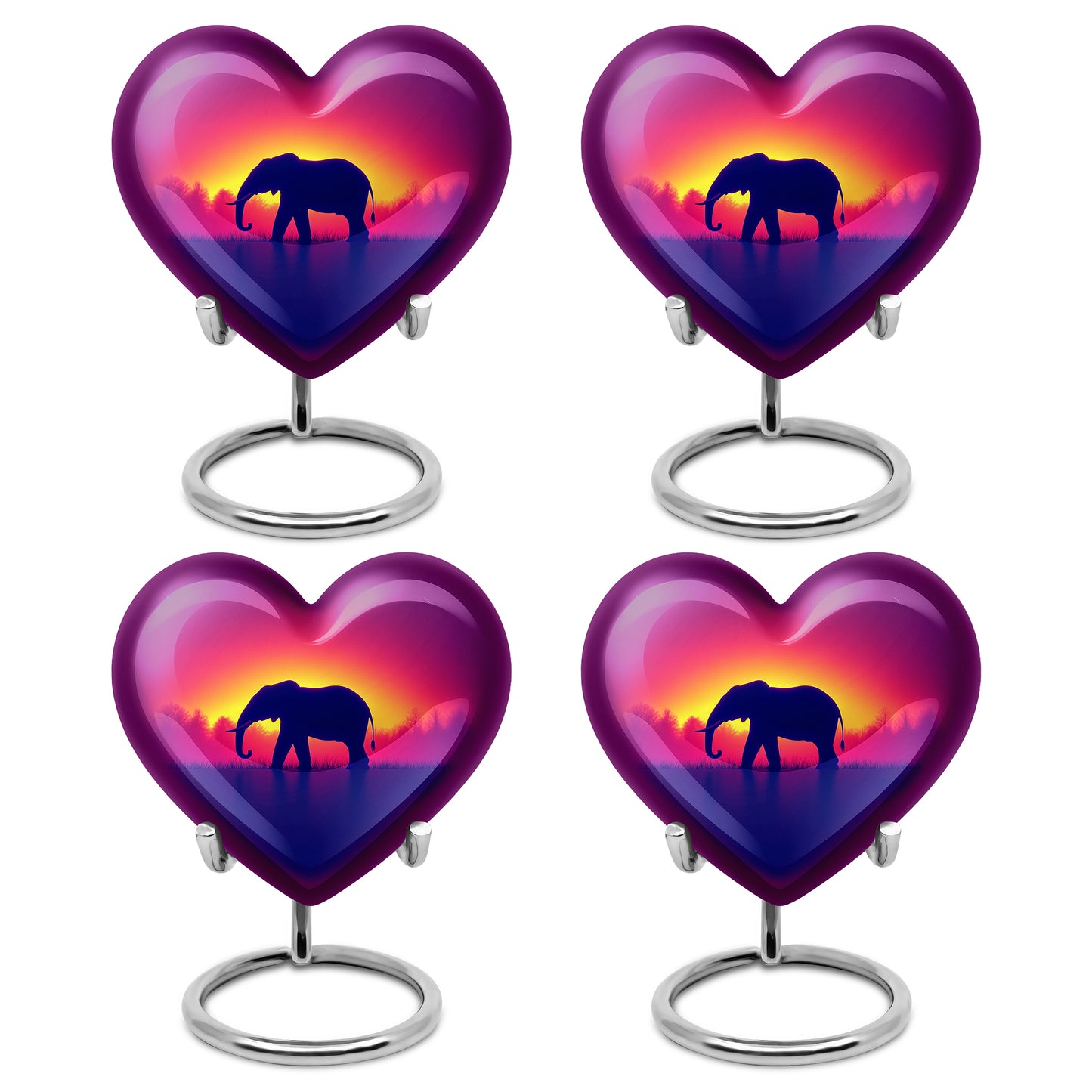 Petal Pink Elephant Cremation Urn angled view of lid and engraved motif - romantic heart urn with elephant motif on aluminum - 10 inch aluminum urn for cremated remains