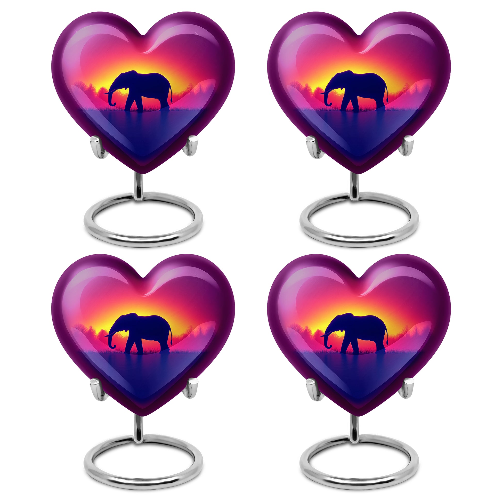 Petal Pink Elephant Cremation Urn angled view of lid and engraved motif - romantic heart urn with elephant motif on aluminum - 10 inch aluminum urn for cremated remains