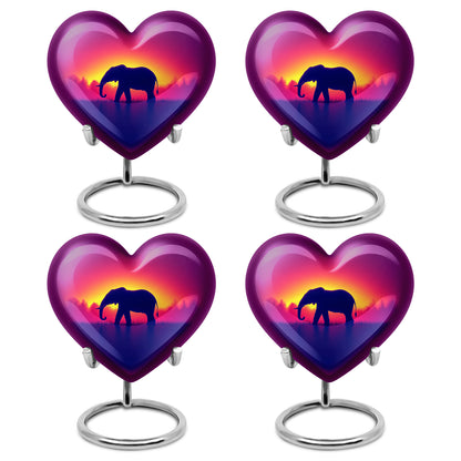 Petal Pink Elephant Cremation Urn angled view of lid and engraved motif - romantic heart urn with elephant motif on aluminum - 10 inch aluminum urn for cremated remains