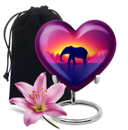 Salmon Pink Elephant Cremation Urn detail view - romantic heart urn with elephant motif on aluminum - full-size 10 inch 200 cubic inch adult cremation urn