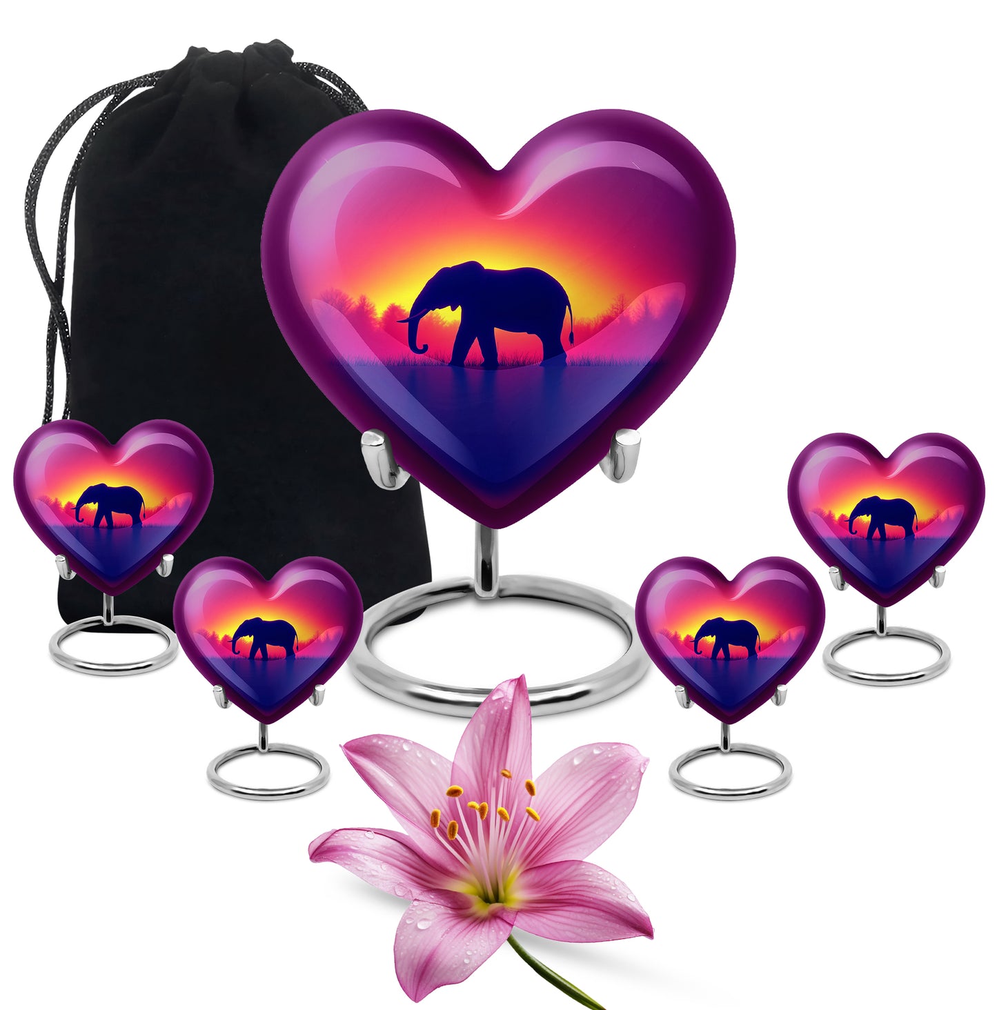 Peony Pink Elephant Cremation Urn close-up of engraving and surface detail - loving heart memorial featuring elephant pattern - memorial set with one large and four small urns