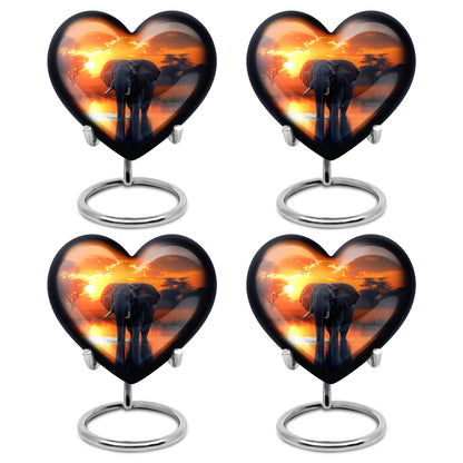 Amber Gold Elephant Cremation Urn angled view of lid and engraved motif - heart-shaped elephant design symbolizing eternal love - 10 inch aluminum urn for cremated remains