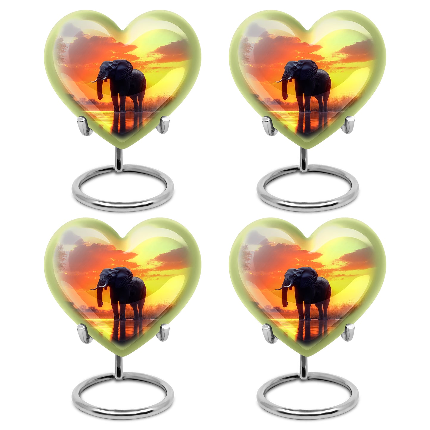 Antique Gold Elephant Cremation Urn angled view of lid and engraved motif - heart-shaped elephant design symbolizing eternal love - 10 inch aluminum urn for cremated remains