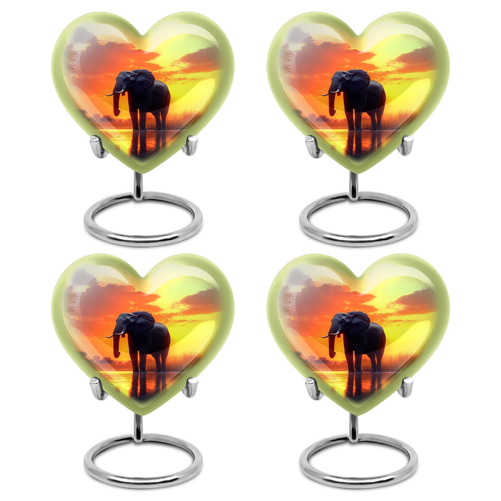 Antique Gold Elephant Cremation Urn angled view of lid and engraved motif - heart-shaped elephant design symbolizing eternal love - 10 inch aluminum urn for cremated remains