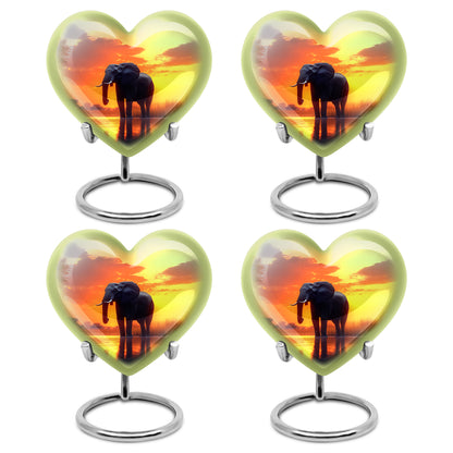 Antique Gold Elephant Cremation Urn angled view of lid and engraved motif - heart-shaped elephant design symbolizing eternal love - 10 inch aluminum urn for cremated remains
