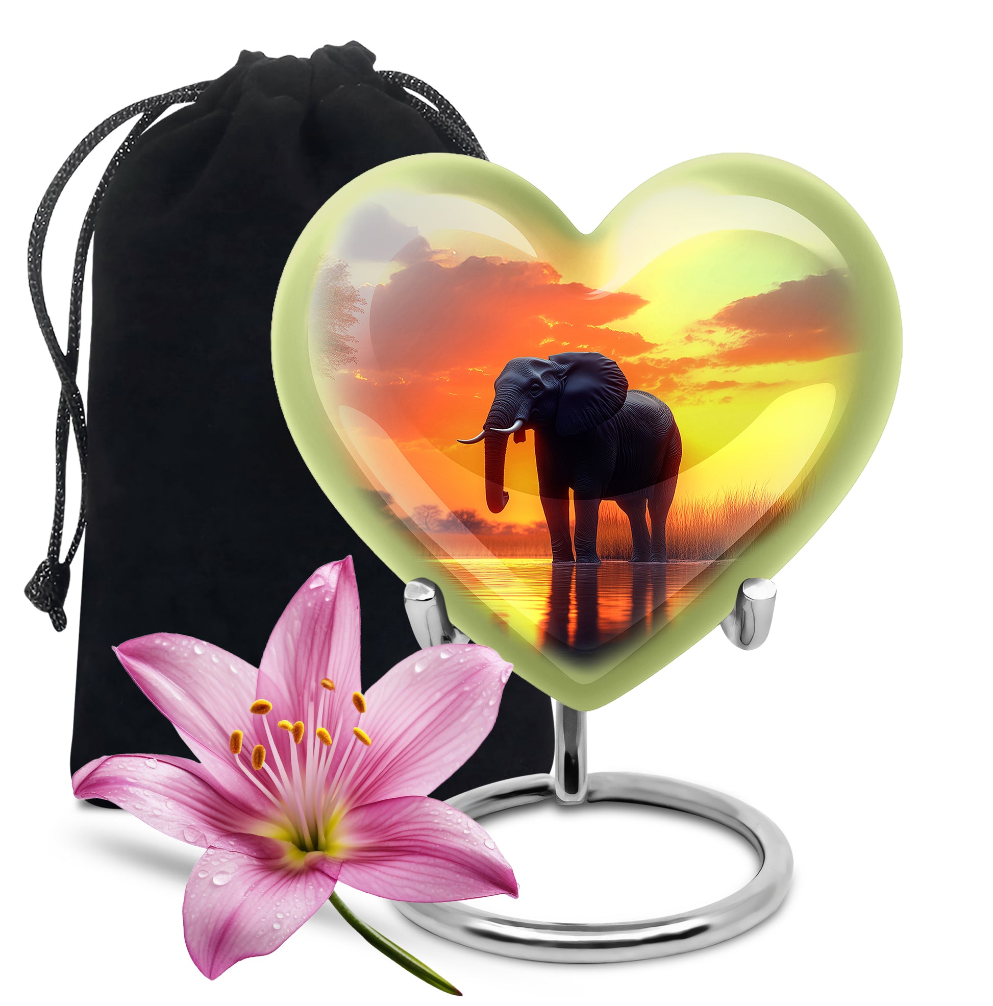 Sunrise Gold Elephant Cremation Urn detail view - heart-shaped elephant design symbolizing eternal love - full-size 10 inch 200 cubic inch adult cremation urn
