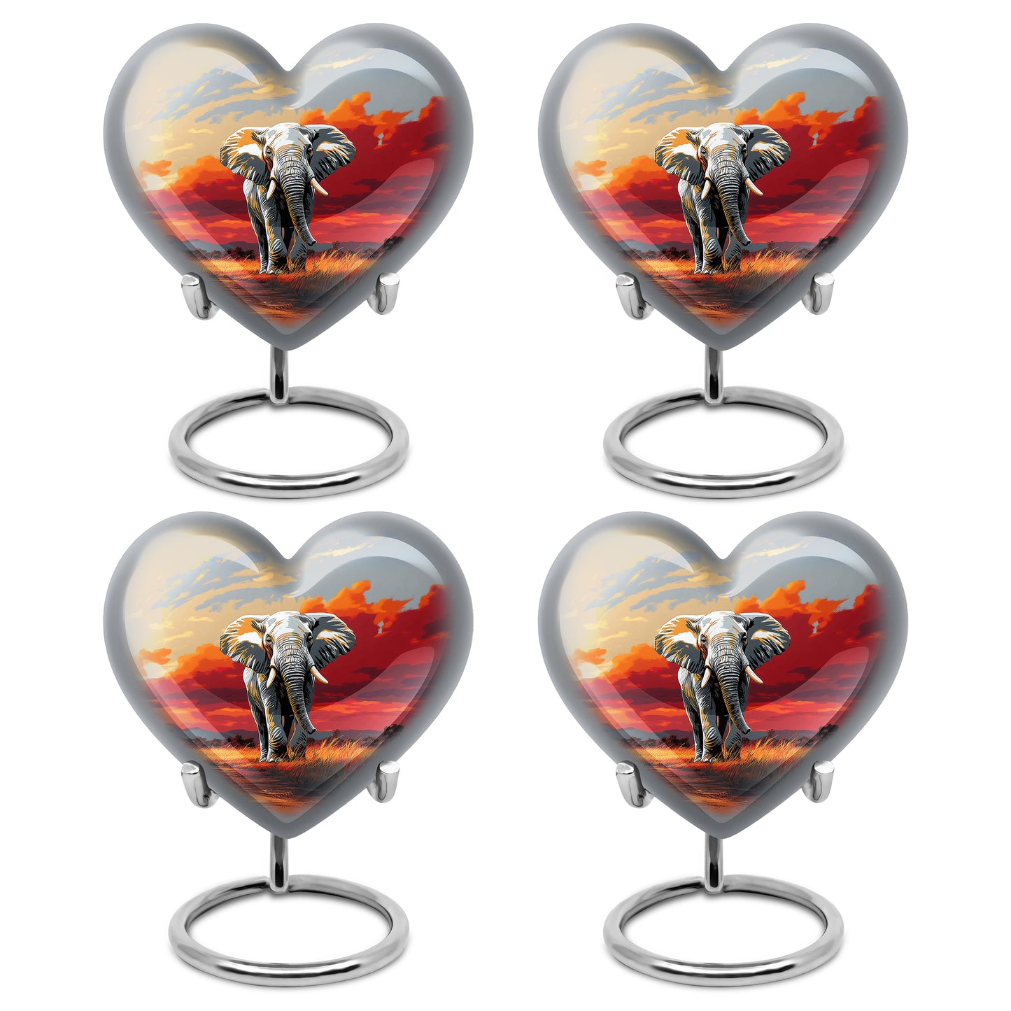 Ash Gray Elephant Cremation Urn angled view of lid and engraved motif - romantic heart urn with elephant motif on aluminum - 10 inch aluminum urn for cremated remains