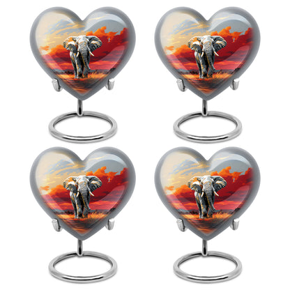 Ash Gray Elephant Cremation Urn angled view of lid and engraved motif - romantic heart urn with elephant motif on aluminum - 10 inch aluminum urn for cremated remains