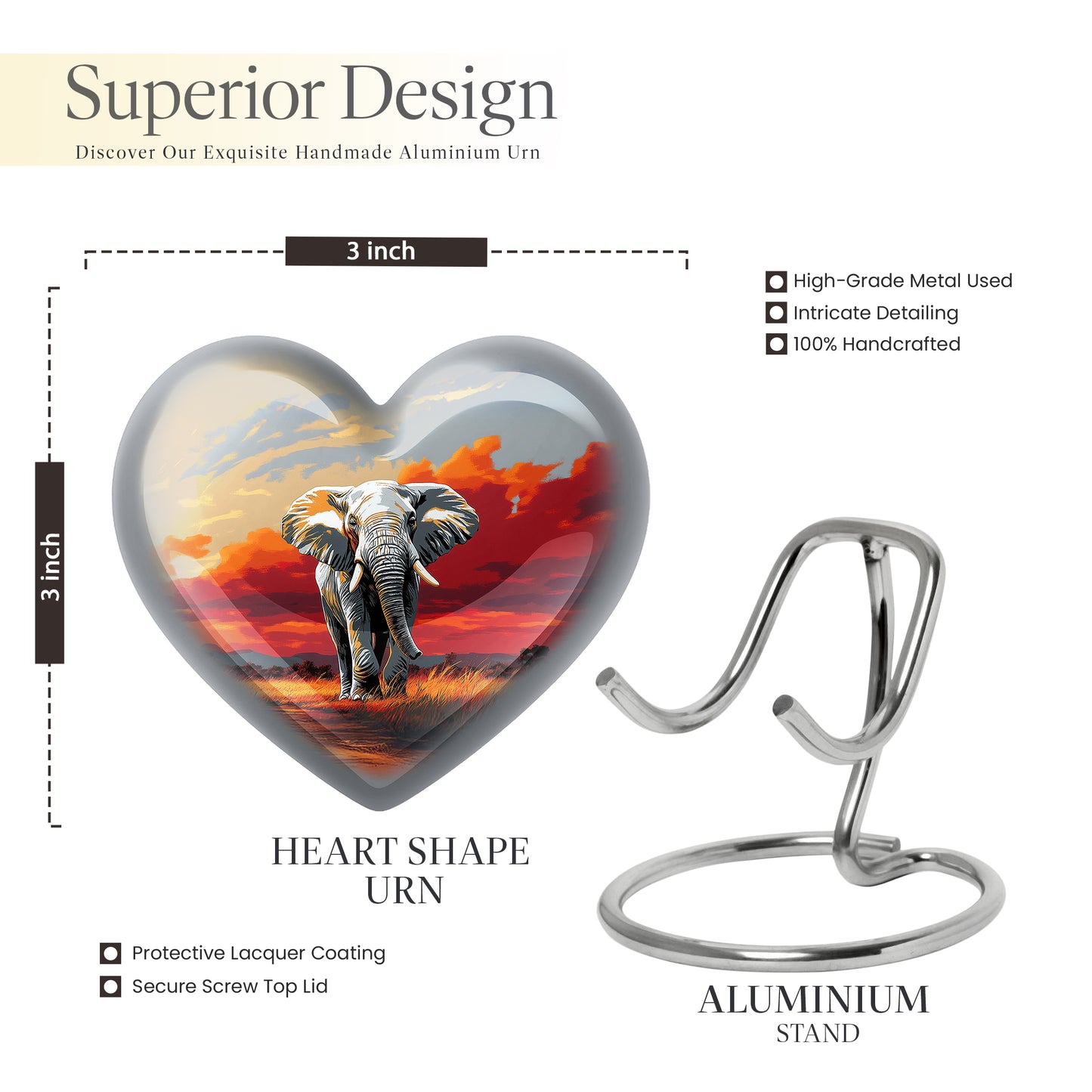Steel Gray Elephant Cremation Urn front view showing detailed design - compassionate heart-elephant combination with gentle curves - mini keepsake memorial for portion of cremation ashes