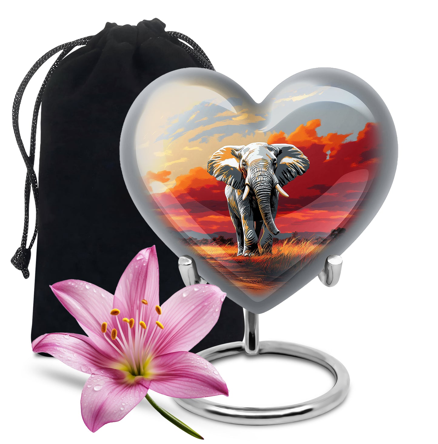 Charcoal Gray Elephant Cremation Urn detail view - loving heart memorial featuring elephant pattern - full-size 10 inch 200 cubic inch adult cremation urn