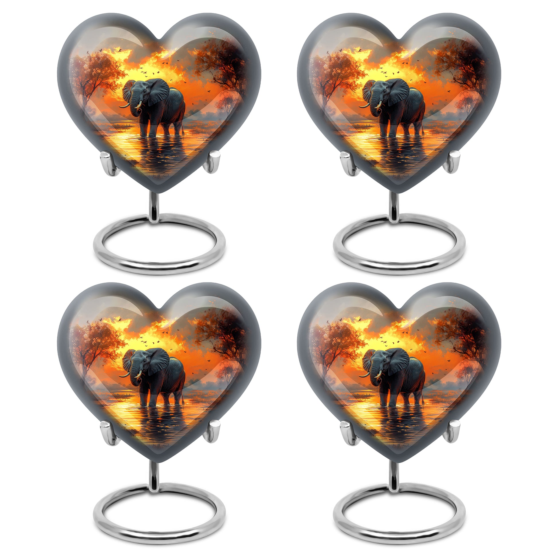 Amber Gold Elephant Cremation Urn angled view of lid and engraved motif - loving heart memorial featuring elephant pattern - 10 inch aluminum urn for cremated remains