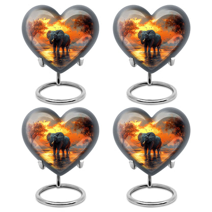 Amber Gold Elephant Cremation Urn angled view of lid and engraved motif - loving heart memorial featuring elephant pattern - 10 inch aluminum urn for cremated remains