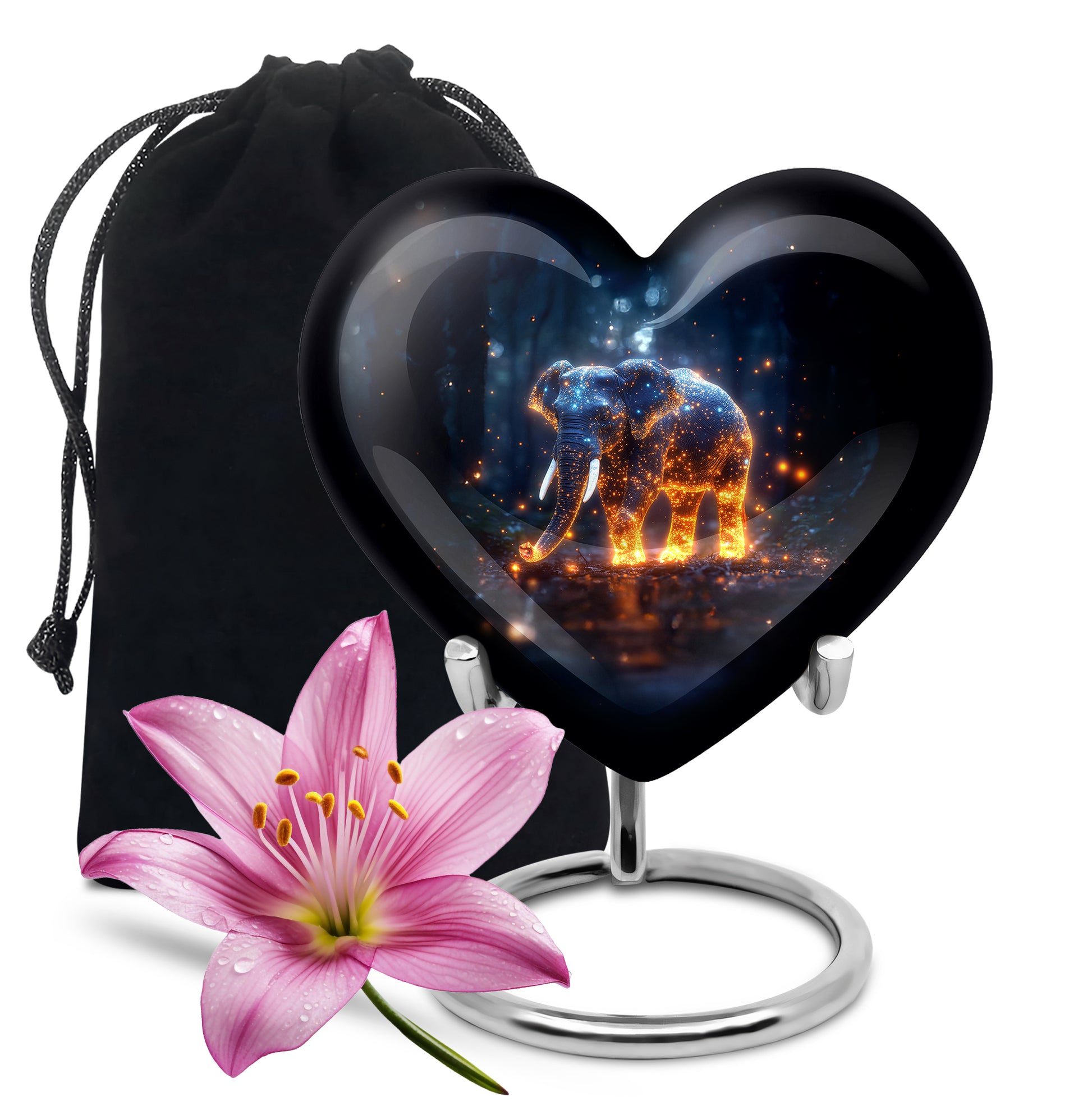 Dusty Blue Elephant Cremation Urn detail view - loving heart memorial featuring elephant pattern - full-size 10 inch 200 cubic inch adult cremation urn