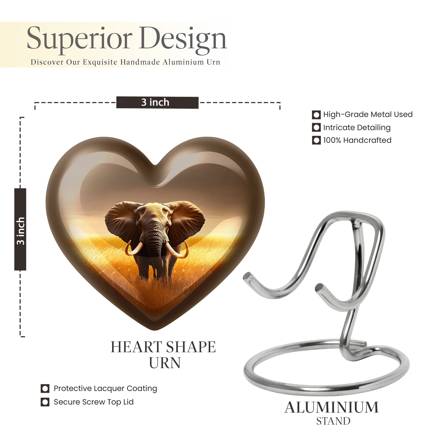 Amber Gold Elephant Cremation Urn front view showing detailed design - heart-shaped elephant design symbolizing eternal love - mini keepsake memorial for portion of cremation ashes