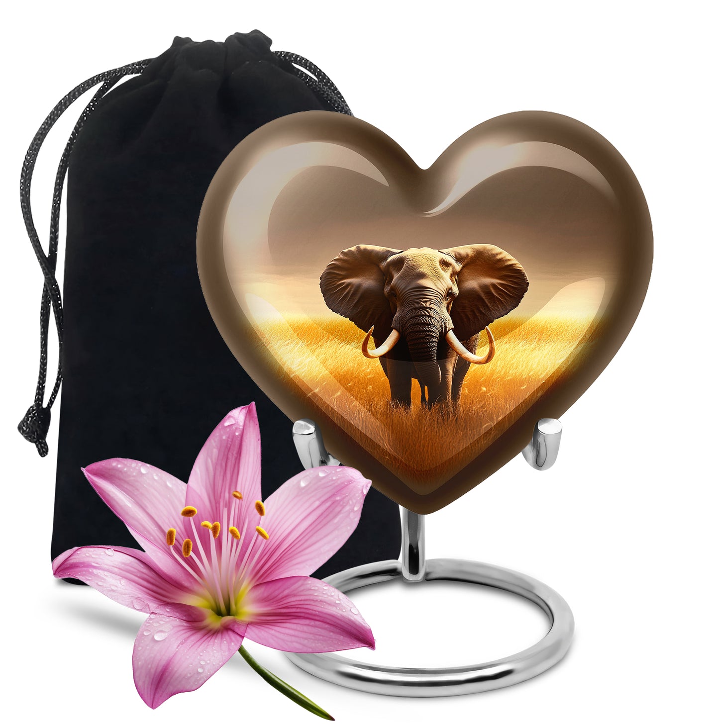 Gilded Gold Elephant Cremation Urn detail view - heart-shaped elephant design symbolizing eternal love - full-size 10 inch 200 cubic inch adult cremation urn