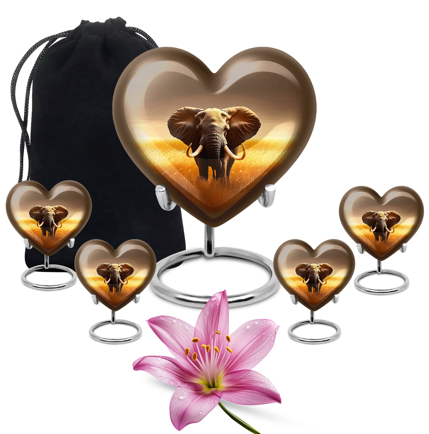 Warm Gold Elephant Cremation Urn close-up of engraving and surface detail - romantic heart urn with elephant motif on aluminum - memorial set with one large and four small urns