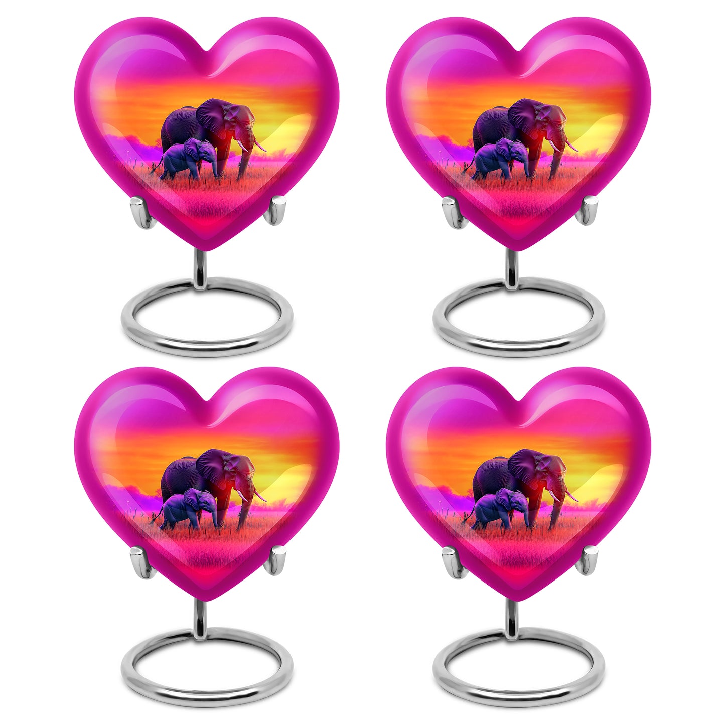 Salmon Pink Elephant Cremation Urn angled view of lid and engraved motif - compassionate heart-elephant combination with gentle curves - 10 inch aluminum urn for cremated remains