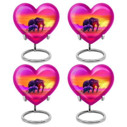 Salmon Pink Elephant Cremation Urn angled view of lid and engraved motif - compassionate heart-elephant combination with gentle curves - 10 inch aluminum urn for cremated remains