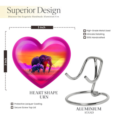 Petal Pink Elephant Cremation Urn front view showing detailed design - romantic heart urn with elephant motif on aluminum - mini keepsake memorial for portion of cremation ashes