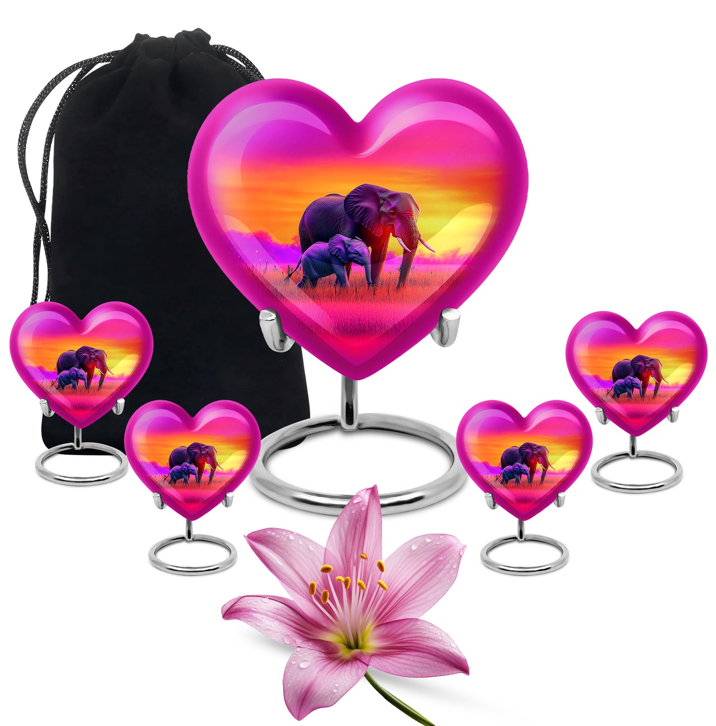 Blush Pink Elephant Cremation Urn close-up of engraving and surface detail - loving heart memorial featuring elephant pattern - memorial set with one large and four small urns