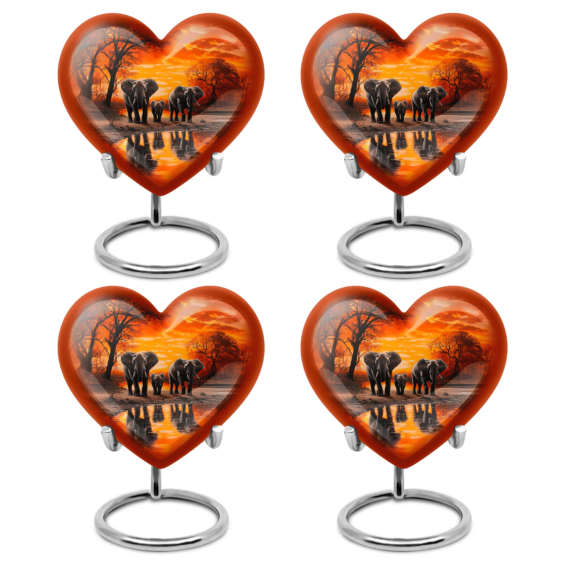 Sunrise Gold Elephant Cremation Urn angled view of lid and engraved motif - loving heart memorial featuring elephant pattern - 10 inch aluminum urn for cremated remains