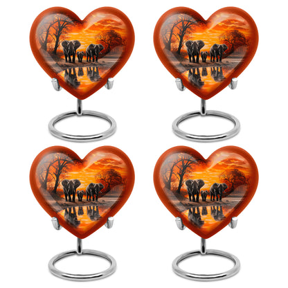 Sunrise Gold Elephant Cremation Urn angled view of lid and engraved motif - loving heart memorial featuring elephant pattern - 10 inch aluminum urn for cremated remains