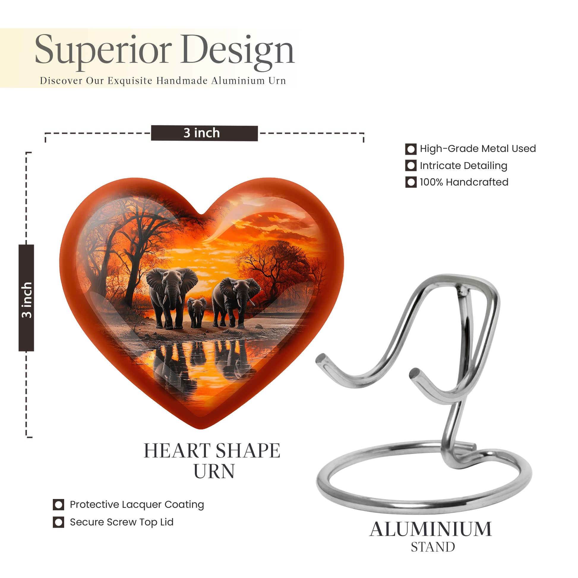 Champagne Gold Elephant Cremation Urn front view showing detailed design - loving heart memorial featuring elephant pattern - mini keepsake memorial for portion of cremation ashes