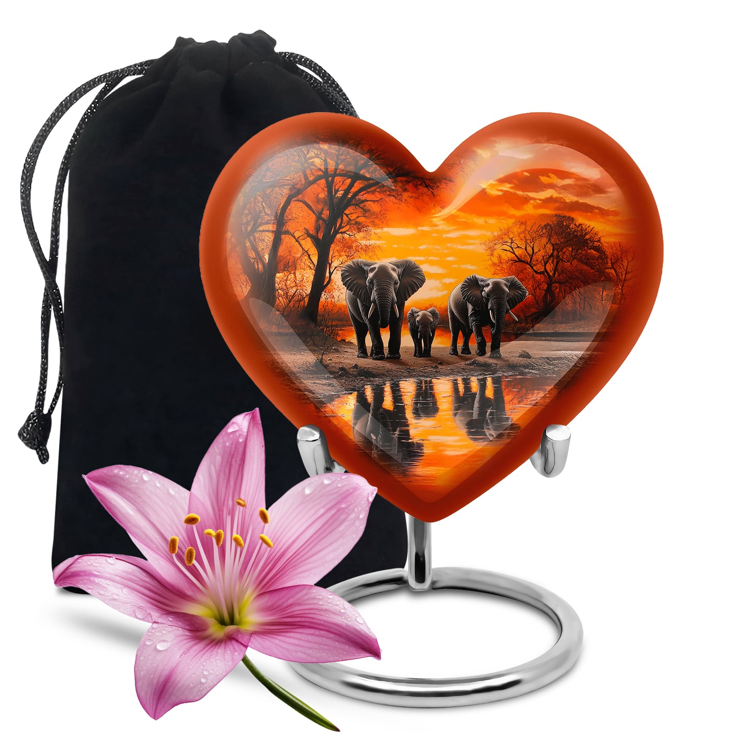 Burnished Gold Elephant Cremation Urn detail view - romantic heart urn with elephant motif on aluminum - full-size 10 inch 200 cubic inch adult cremation urn