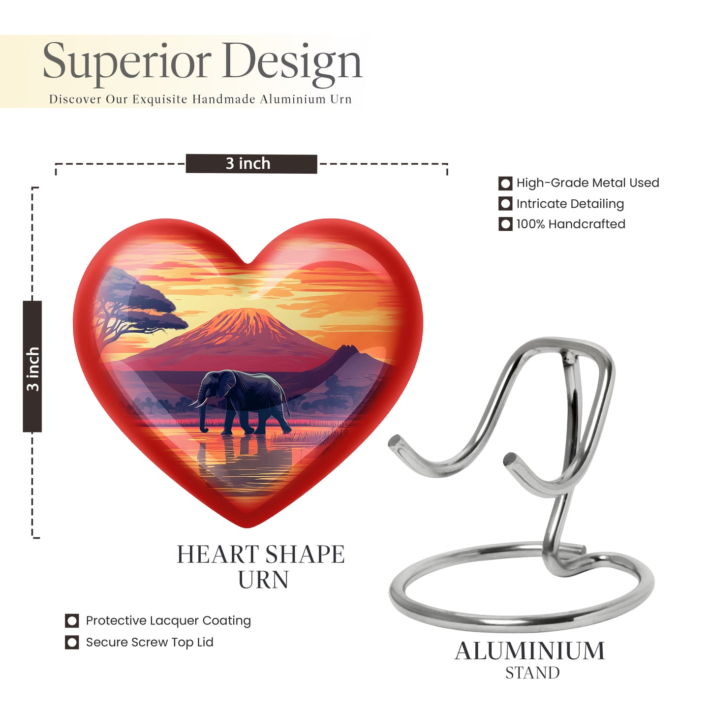 Warm Gold Elephant Cremation Urn front view showing detailed design - compassionate heart-elephant combination with gentle curves - mini keepsake memorial for portion of cremation ashes