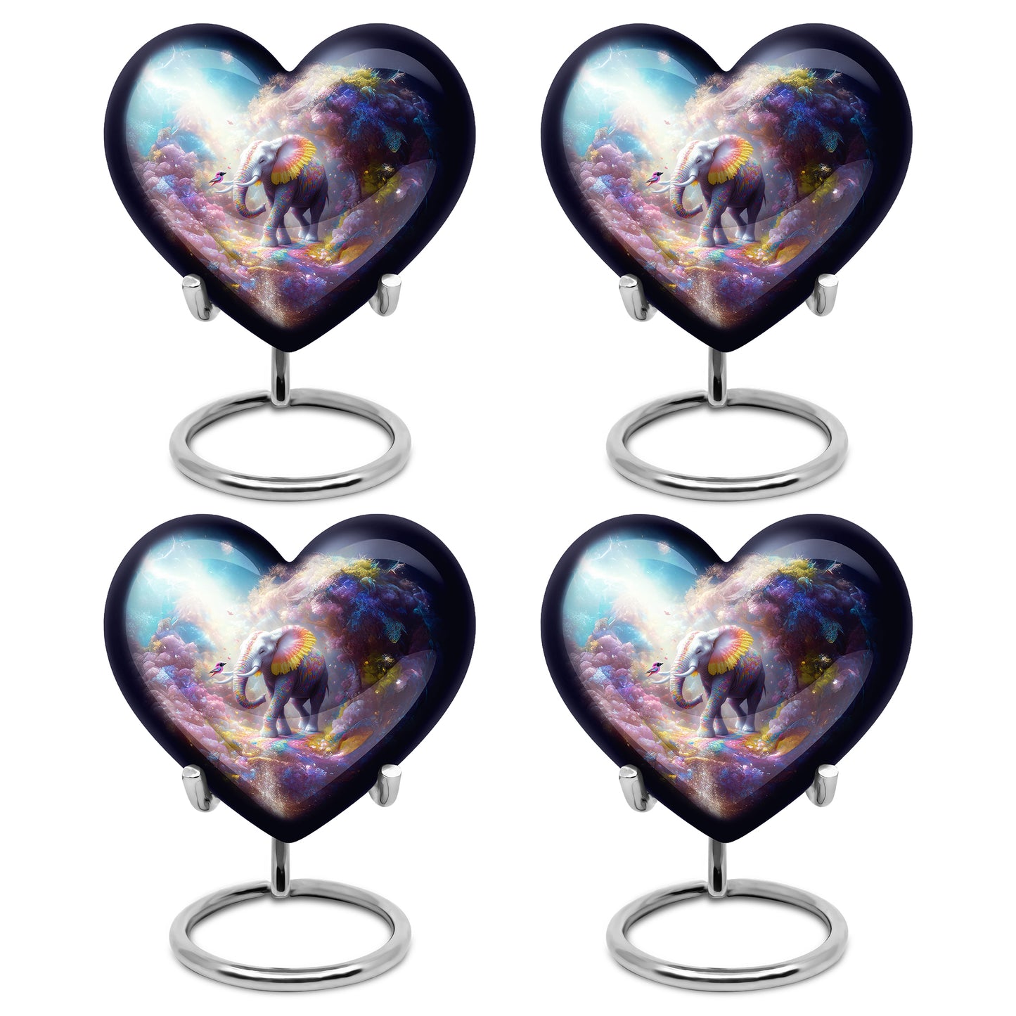 Twilight Blue Elephant Cremation Urn angled view of lid and engraved motif - romantic heart urn with elephant motif on aluminum - 10 inch aluminum urn for cremated remains
