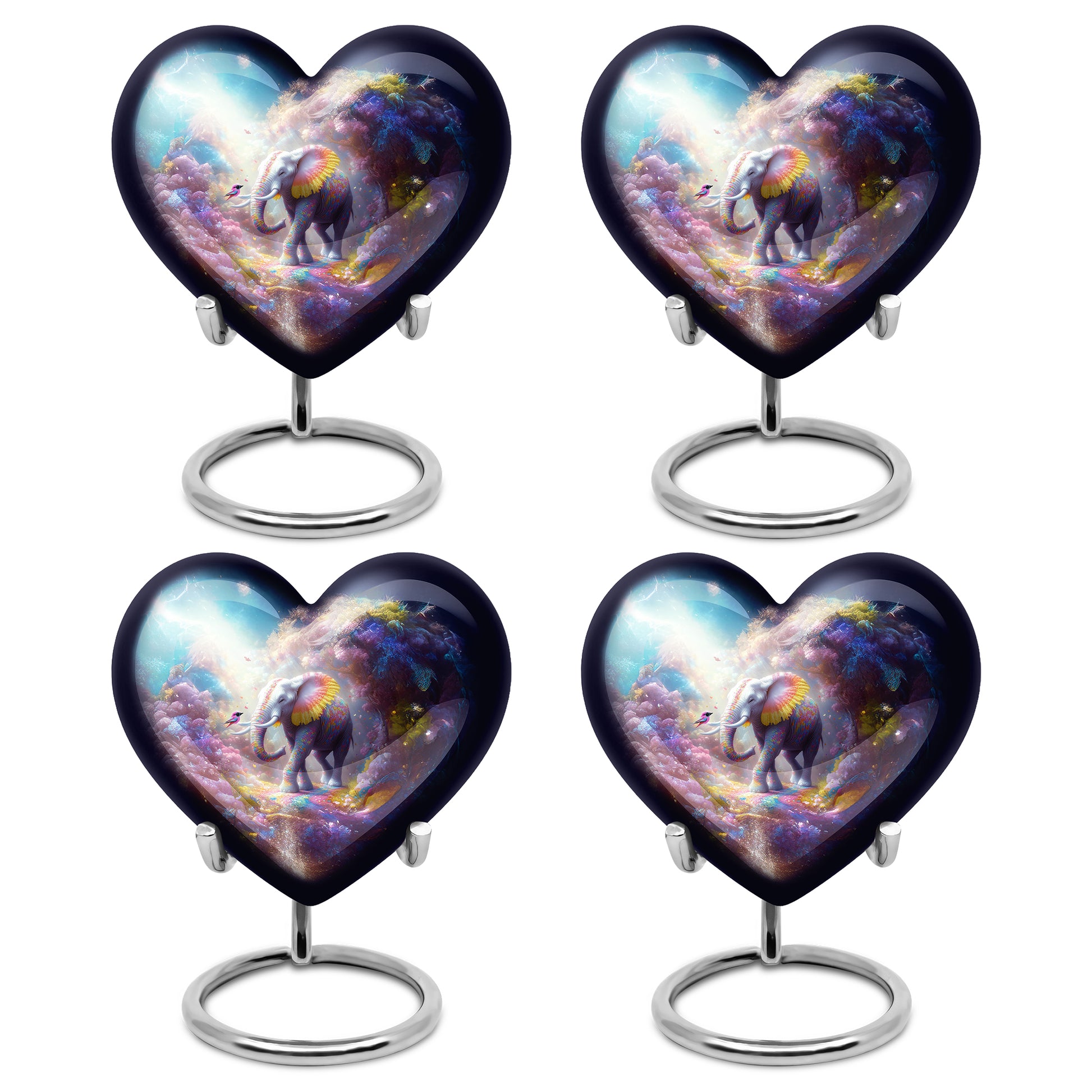 Twilight Blue Elephant Cremation Urn angled view of lid and engraved motif - romantic heart urn with elephant motif on aluminum - 10 inch aluminum urn for cremated remains