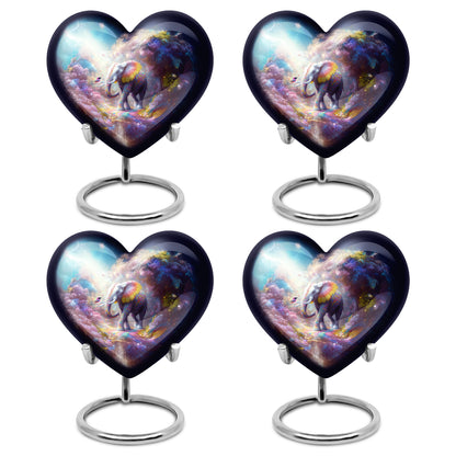 Twilight Blue Elephant Cremation Urn angled view of lid and engraved motif - romantic heart urn with elephant motif on aluminum - 10 inch aluminum urn for cremated remains