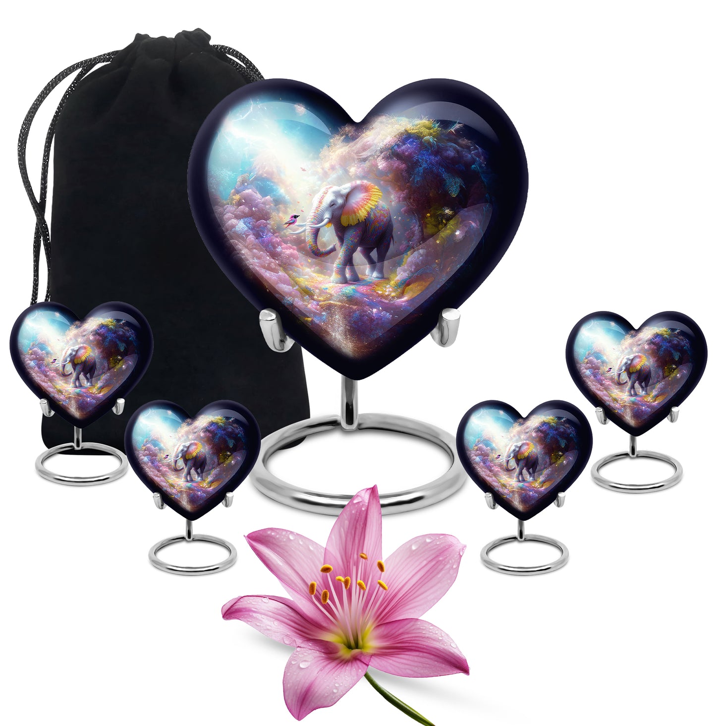 Royal Blue Elephant Cremation Urn close-up of engraving and surface detail - romantic heart urn with elephant motif on aluminum - memorial set with one large and four small urns