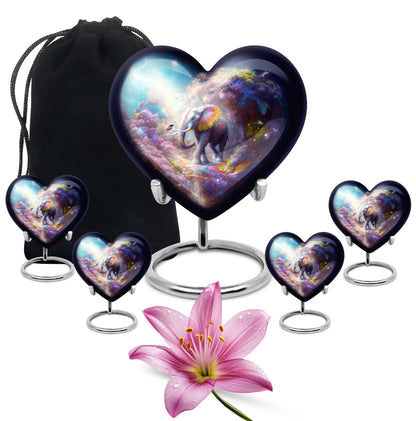 Royal Blue Elephant Cremation Urn close-up of engraving and surface detail - romantic heart urn with elephant motif on aluminum - memorial set with one large and four small urns