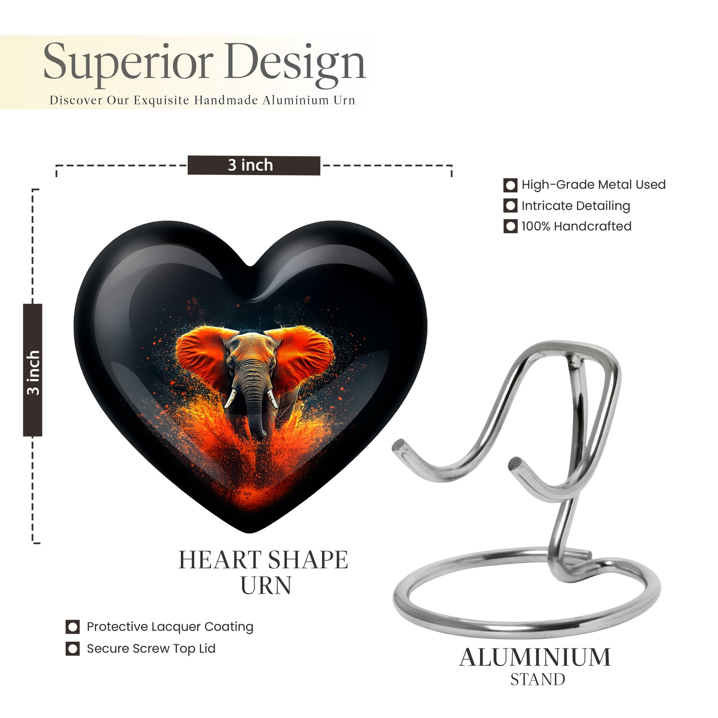 Obsidian Black Elephant Cremation Urn front view showing detailed design - romantic heart urn with elephant motif on aluminum - mini keepsake memorial for portion of cremation ashes