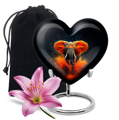 Dark Black Elephant Cremation Urn detail view - compassionate heart-elephant combination with gentle curves - full-size 10 inch 200 cubic inch adult cremation urn