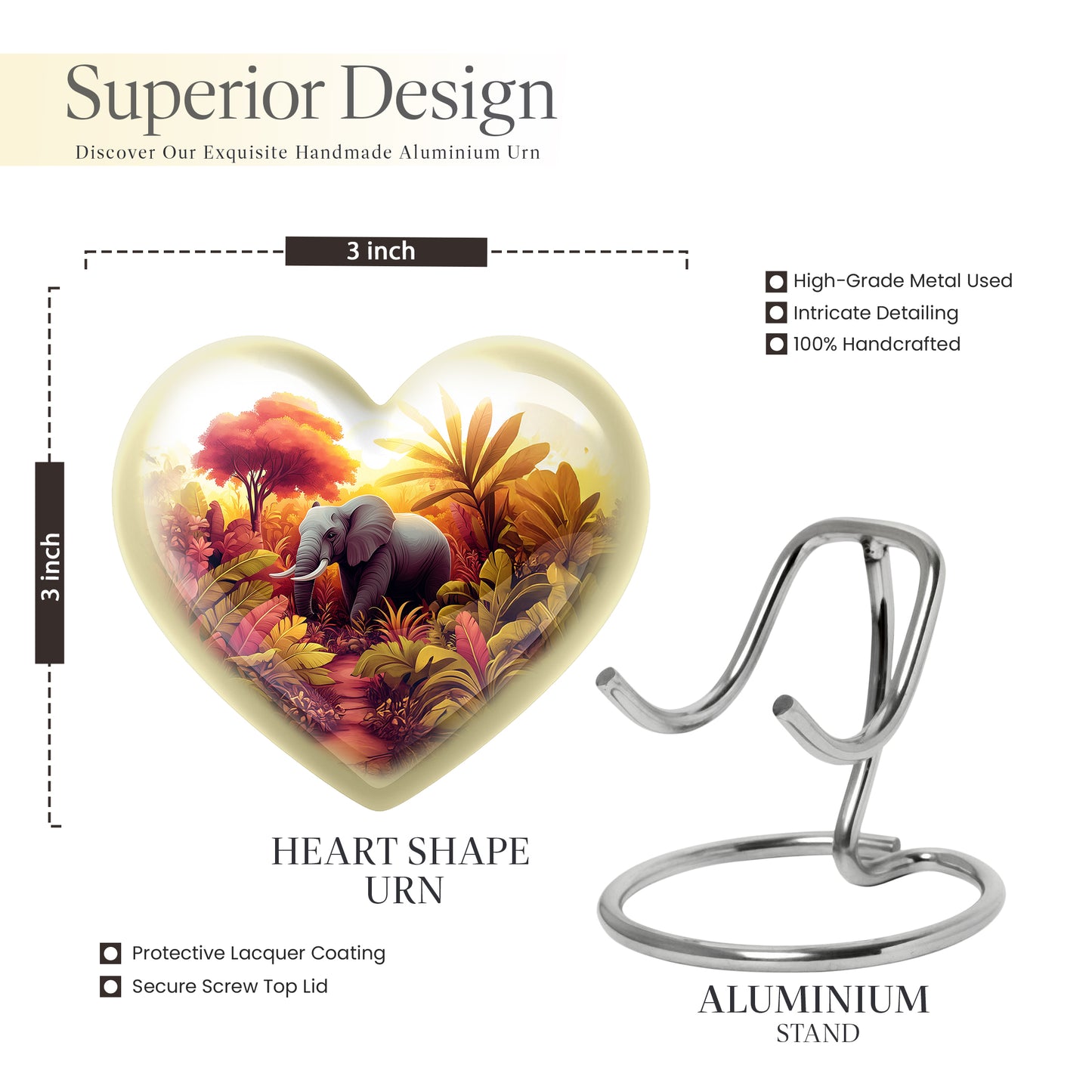Polished Silver Elephant Cremation Urn front view showing detailed design - compassionate heart-elephant combination with gentle curves - mini keepsake memorial for portion of cremation ashes