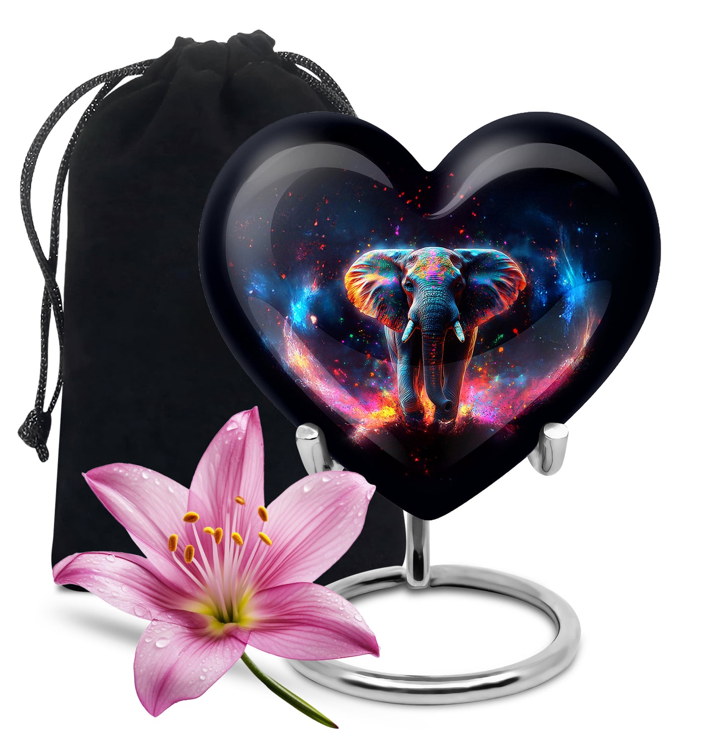 Ebony Elephant Cremation Urn detail view - loving heart memorial featuring elephant pattern - full-size 10 inch 200 cubic inch adult cremation urn