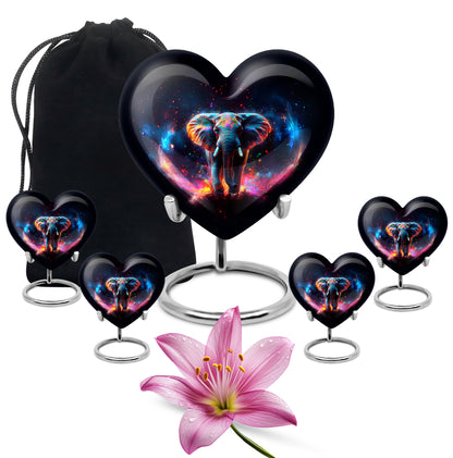 Ebony Elephant Cremation Urn close-up of engraving and surface detail - heart-shaped elephant design symbolizing eternal love - memorial set with one large and four small urns