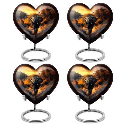 Antique Gold Elephant Cremation Urn angled view of lid and engraved motif - heart-shaped elephant design symbolizing eternal love - 10 inch aluminum urn for cremated remains